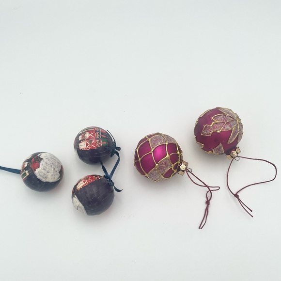 Set of 5 Variety Christmas Ornaments Vintage Decoupage and Glass Holiday Bauble - Picture 1 of 6